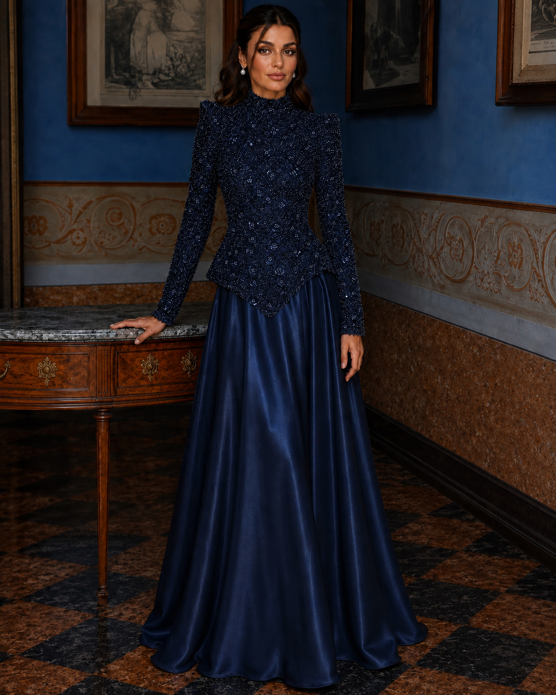 Raya Beaded Evening Dress - Navy Blue