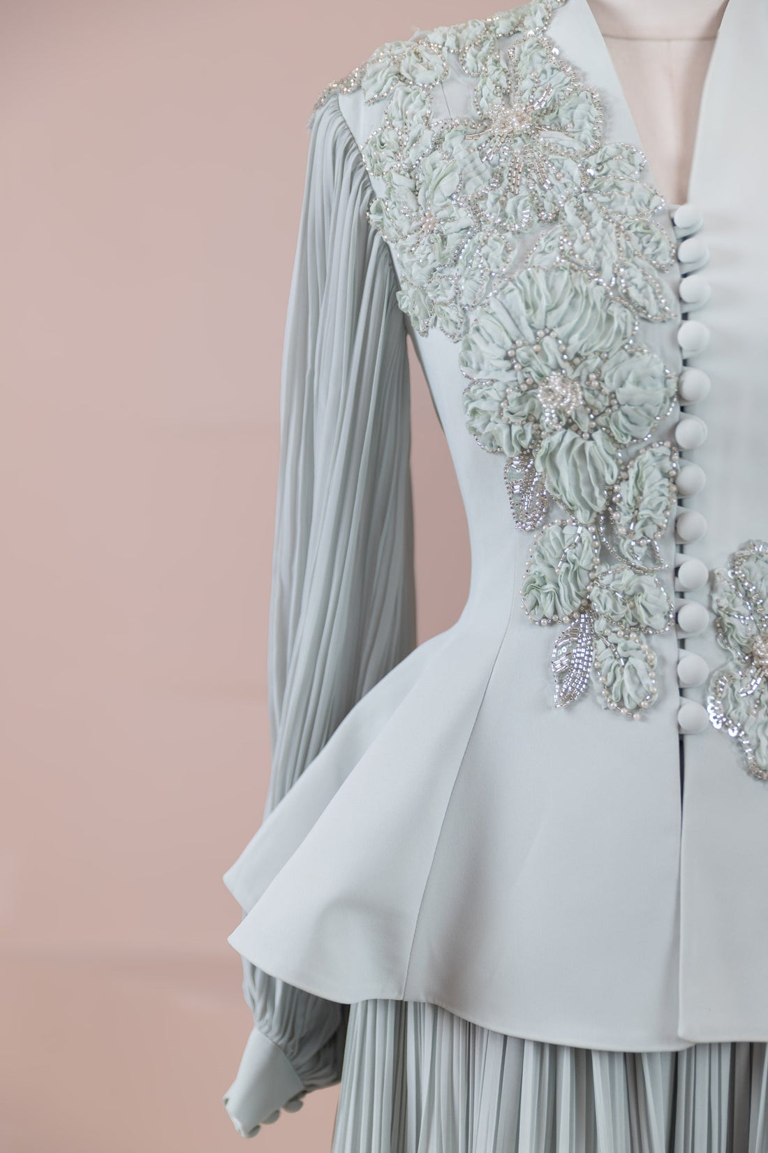 Limited Collection Peplum Jacket & Pleated Maxi Skirt Set – 3D Floral Embroidered Evening Ensemble