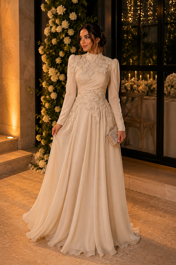 Amber Embellished Modest Evening Dress - Beige