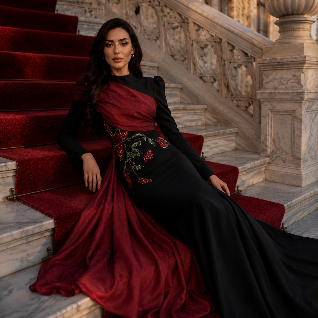 Rosalie Red Embroidered Evening Gown