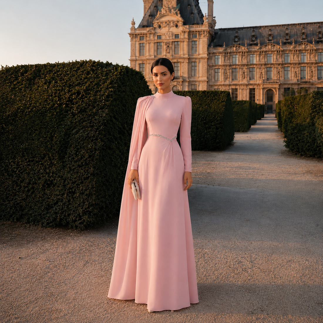 Rosie Pink Pleated Gown | Stone Embellished Cape & Belted Maxi Dress