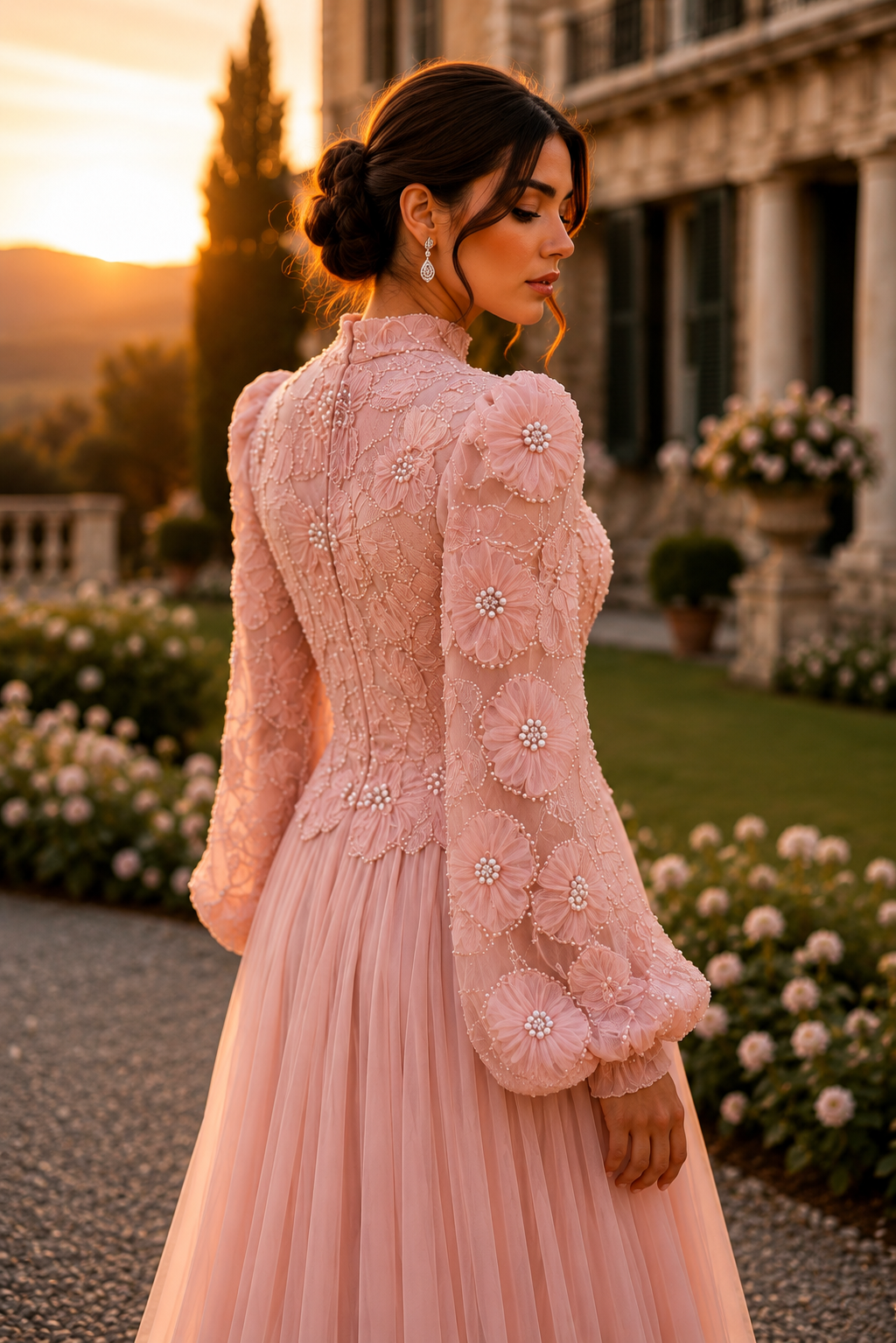 Arwen Embroidered Balloon Sleeve Gown - Pink