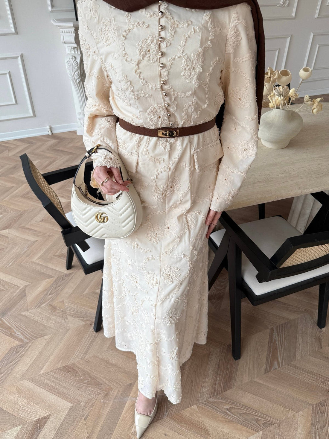 Guipure Lace Maxi Dress with Button Detail — Modest Formal Evening Wear