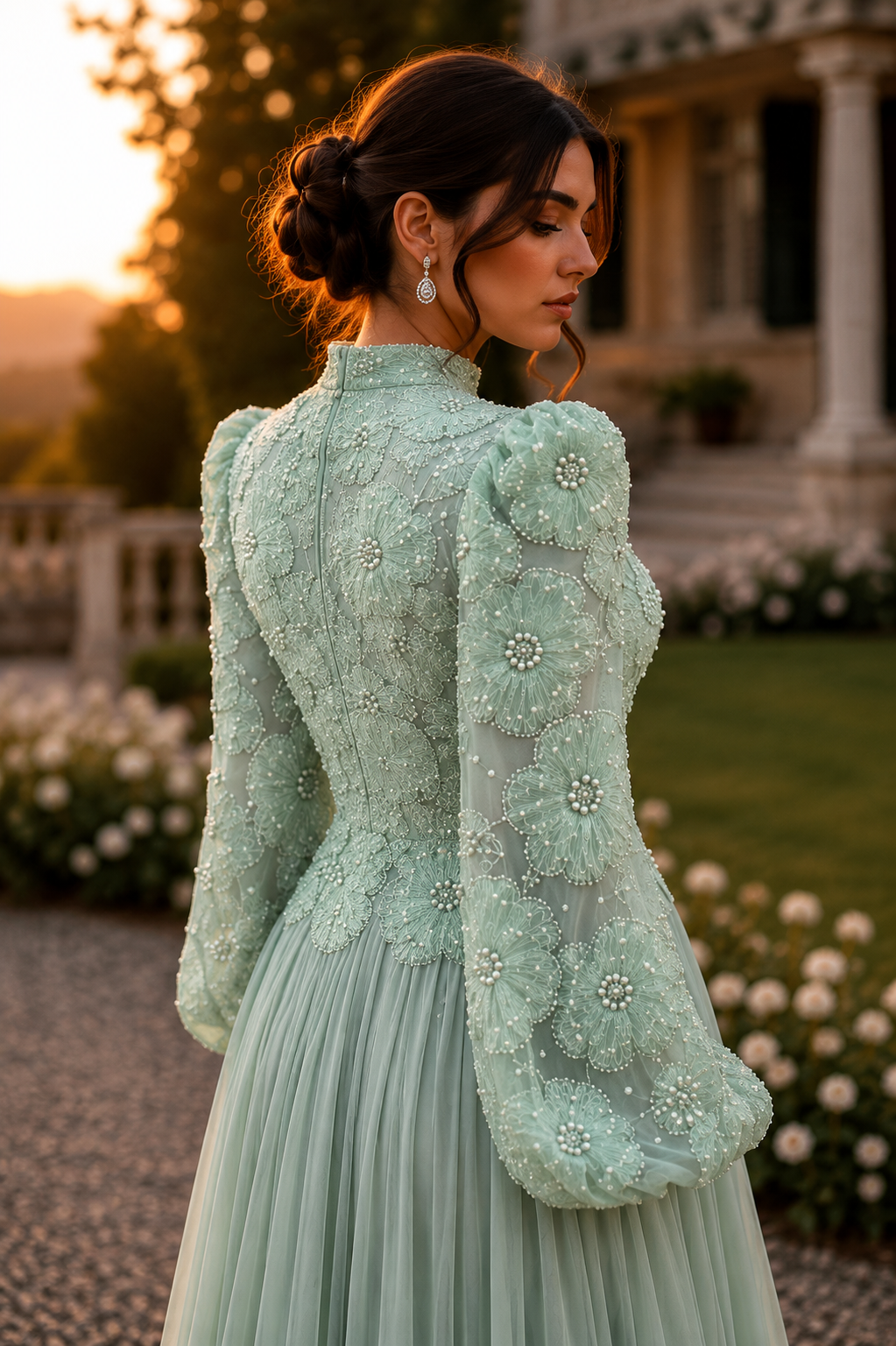 Arwen Embroidered Balloon Sleeve Gown - Mint Green