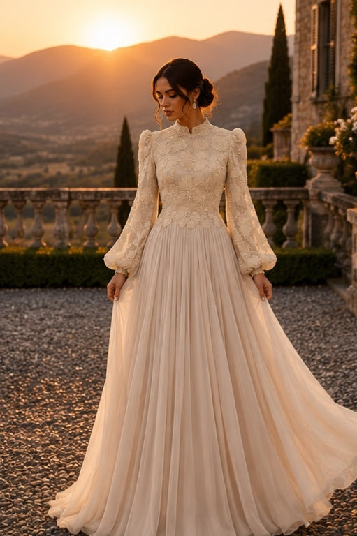 Arwen Embroidered Balloon Sleeve Gown - Beige