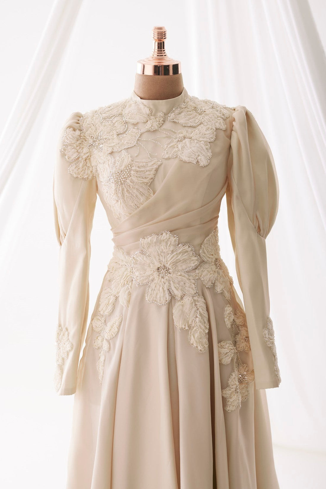 Amber Embellished Modest Evening Dress - Beige