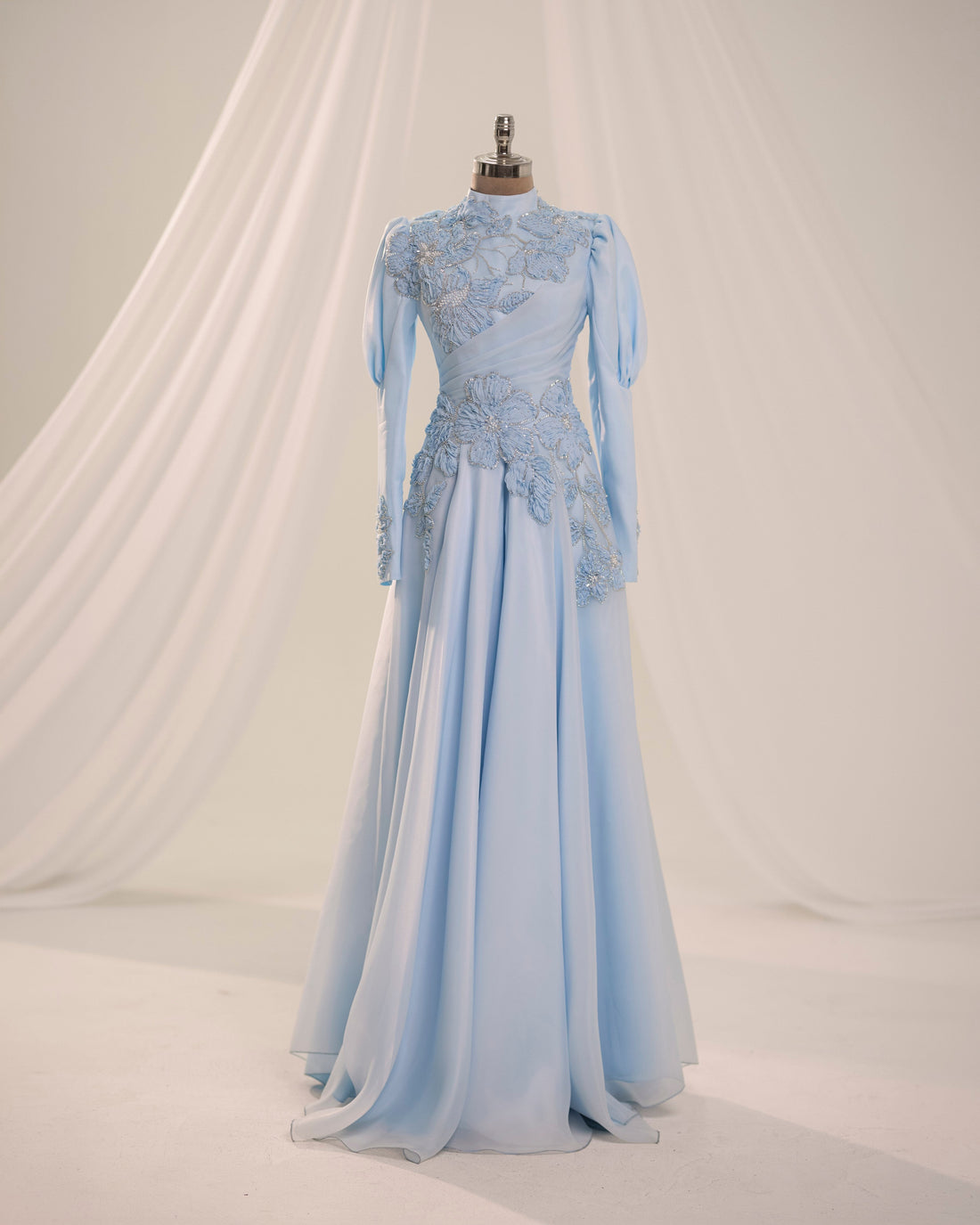 Floral Embellished Modest Evening Dress - Baby Blue