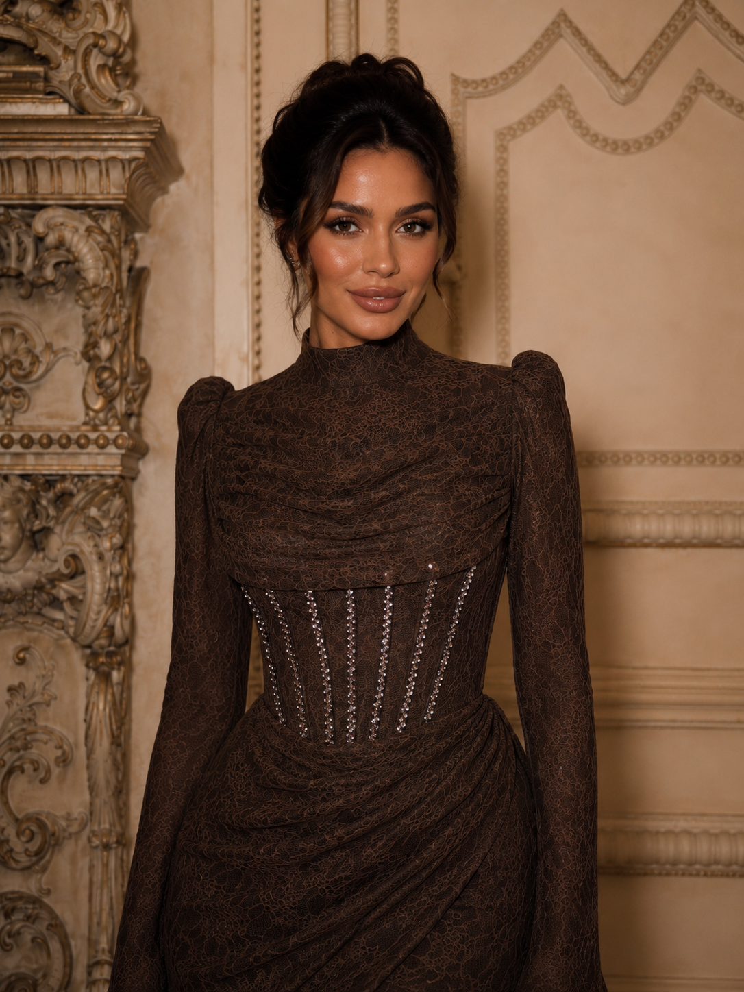 Rosalia Corset-Detail Lace Evening Gown | Brown