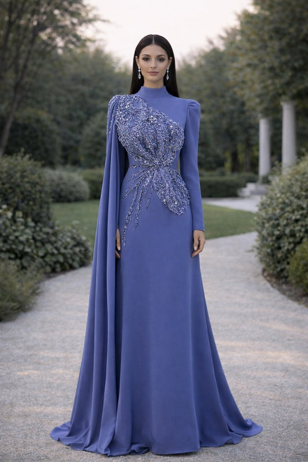 Latifa Beaded Crepe Modest Evening Gown - lilac