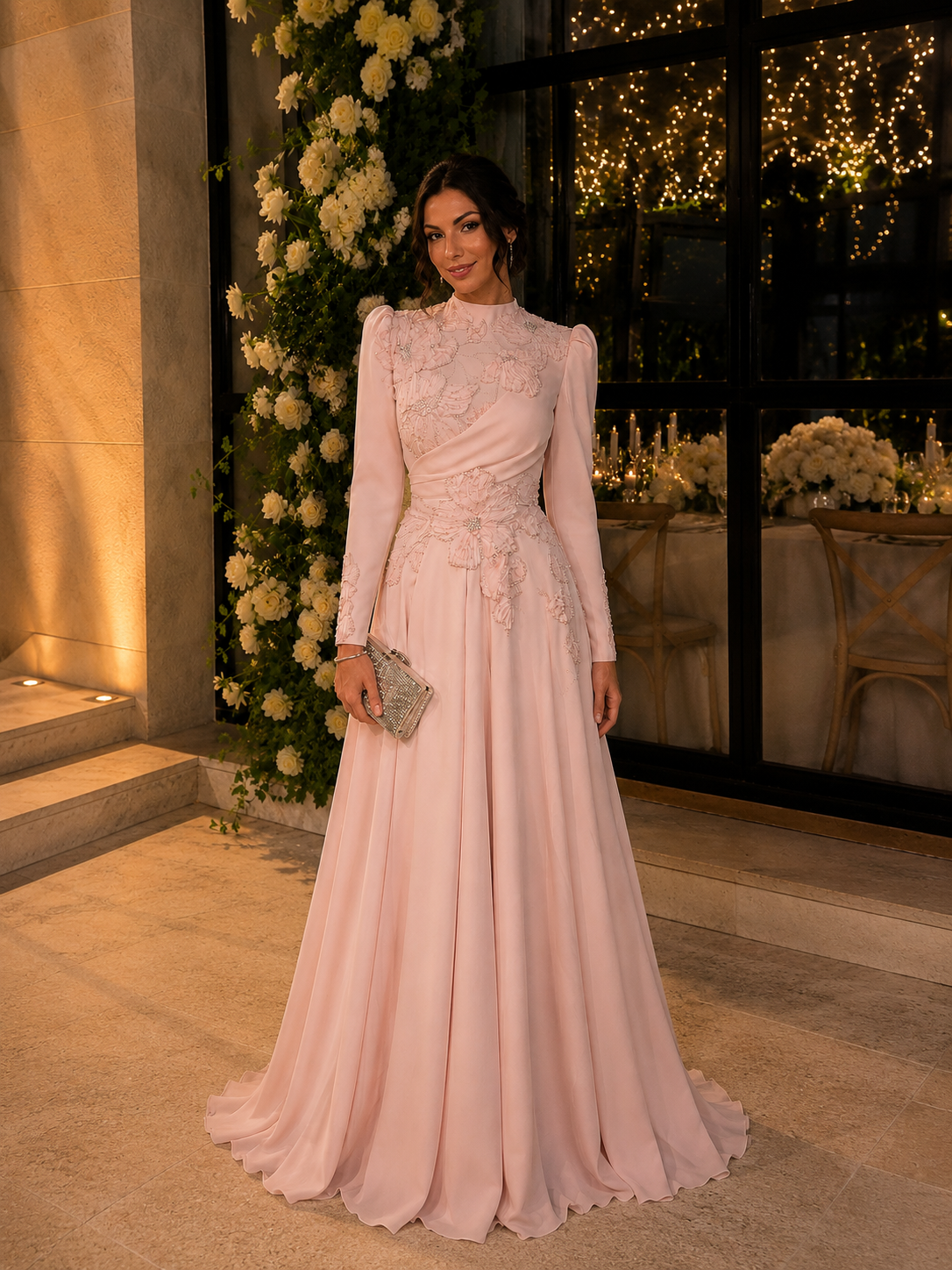 Amber Floral Embellished Modest Evening Dress - Pink