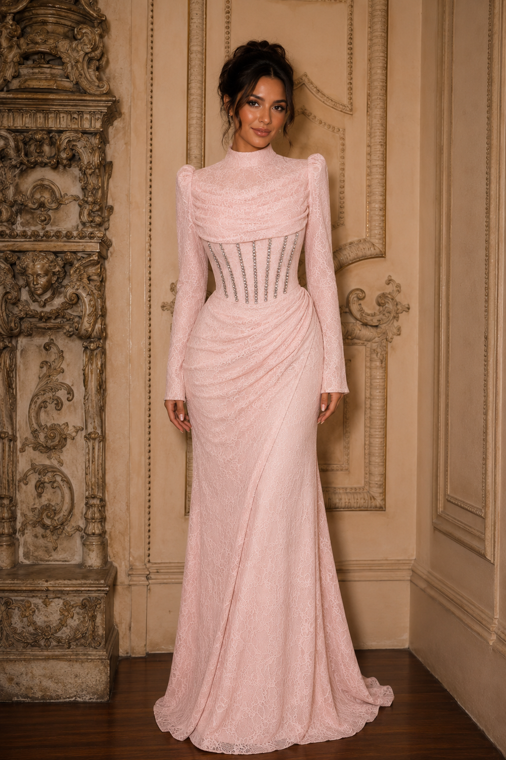 Rosalia Corset-Detail Lace Evening Gown | Pink