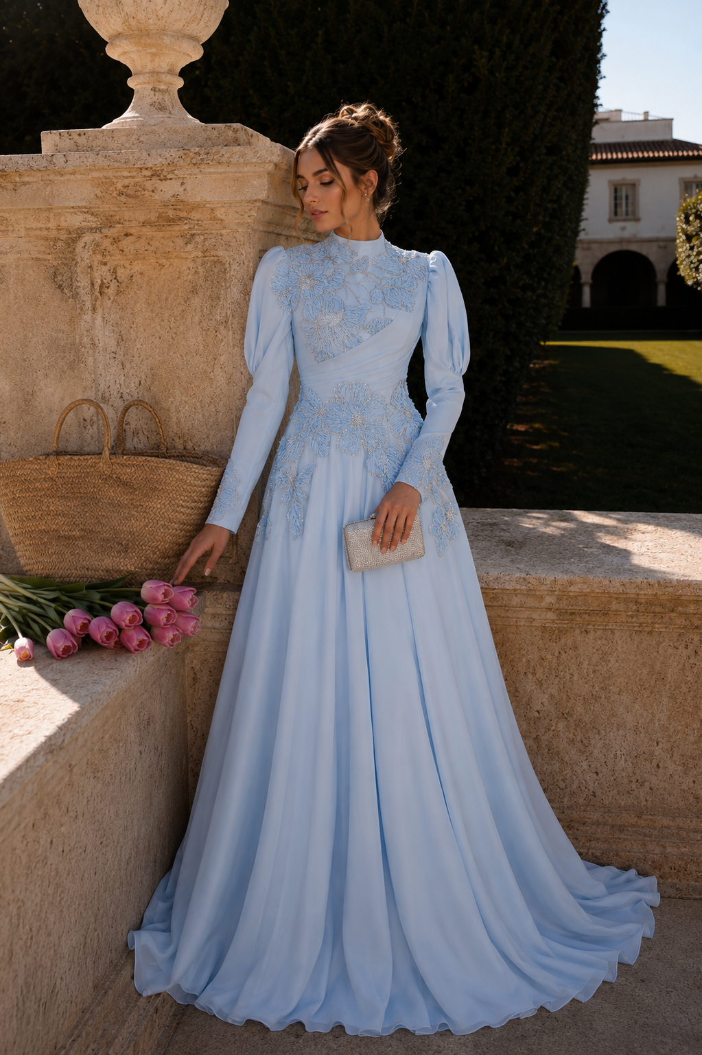 Floral Embellished Modest Evening Dress - Baby Blue