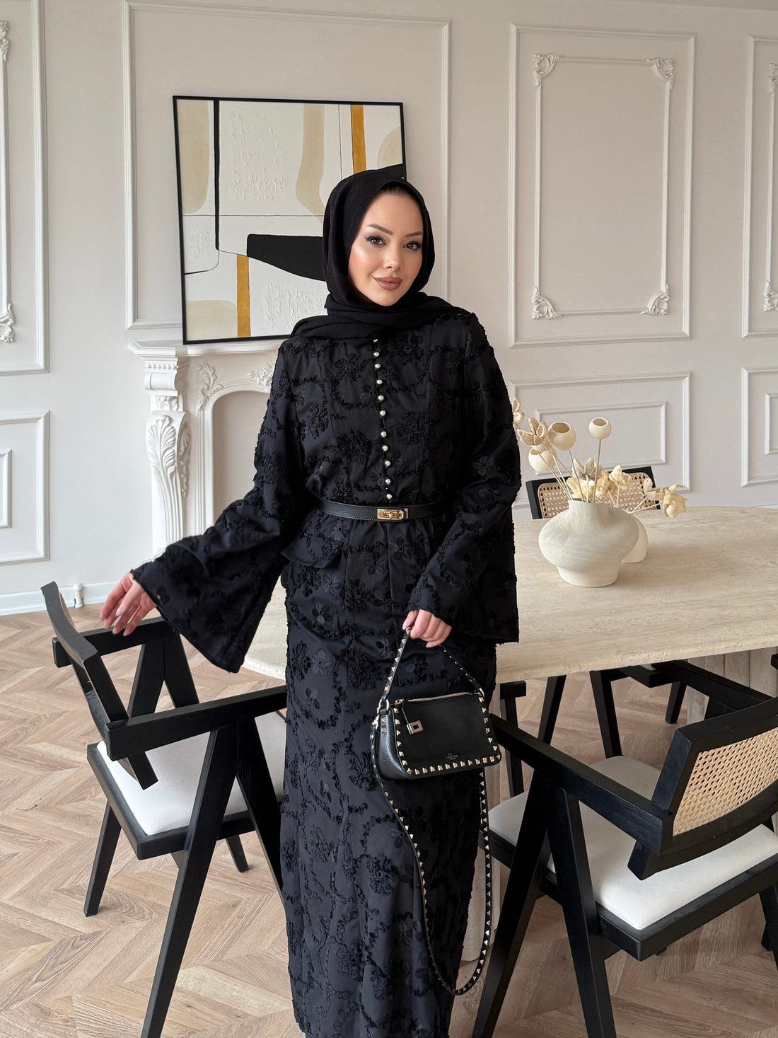 Black Guipure Lace Maxi Dress with Button Detail — Modest Formal Evening Wear