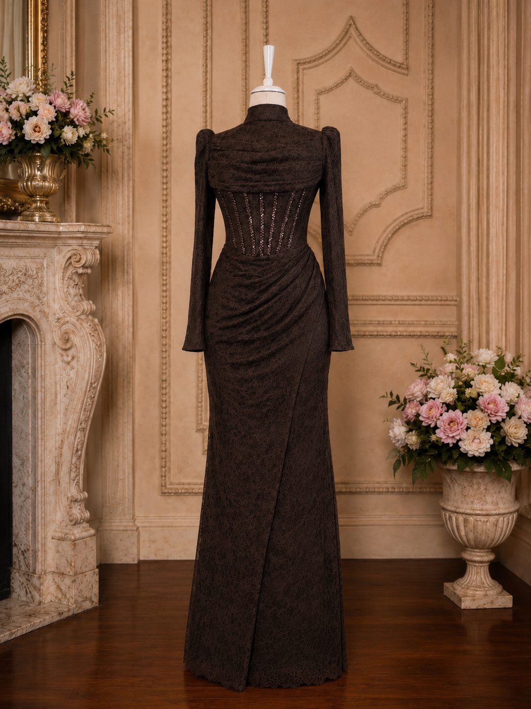 Rosalia Corset-Detail Lace Evening Gown | Brown