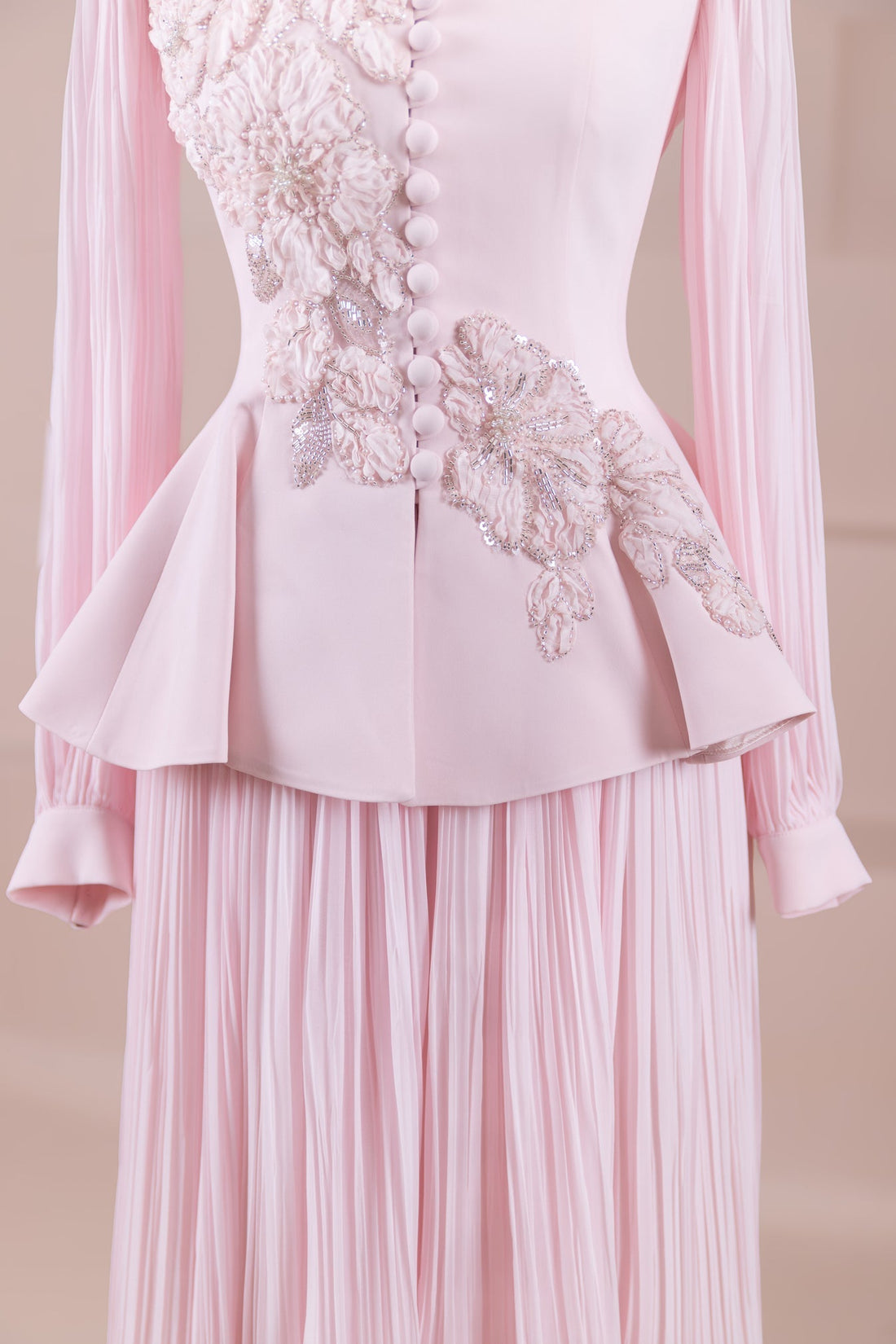 Limited Collection Peplum Jacket & Pleated Maxi Skirt Set – 3D Floral Embroidered Evening Ensemble