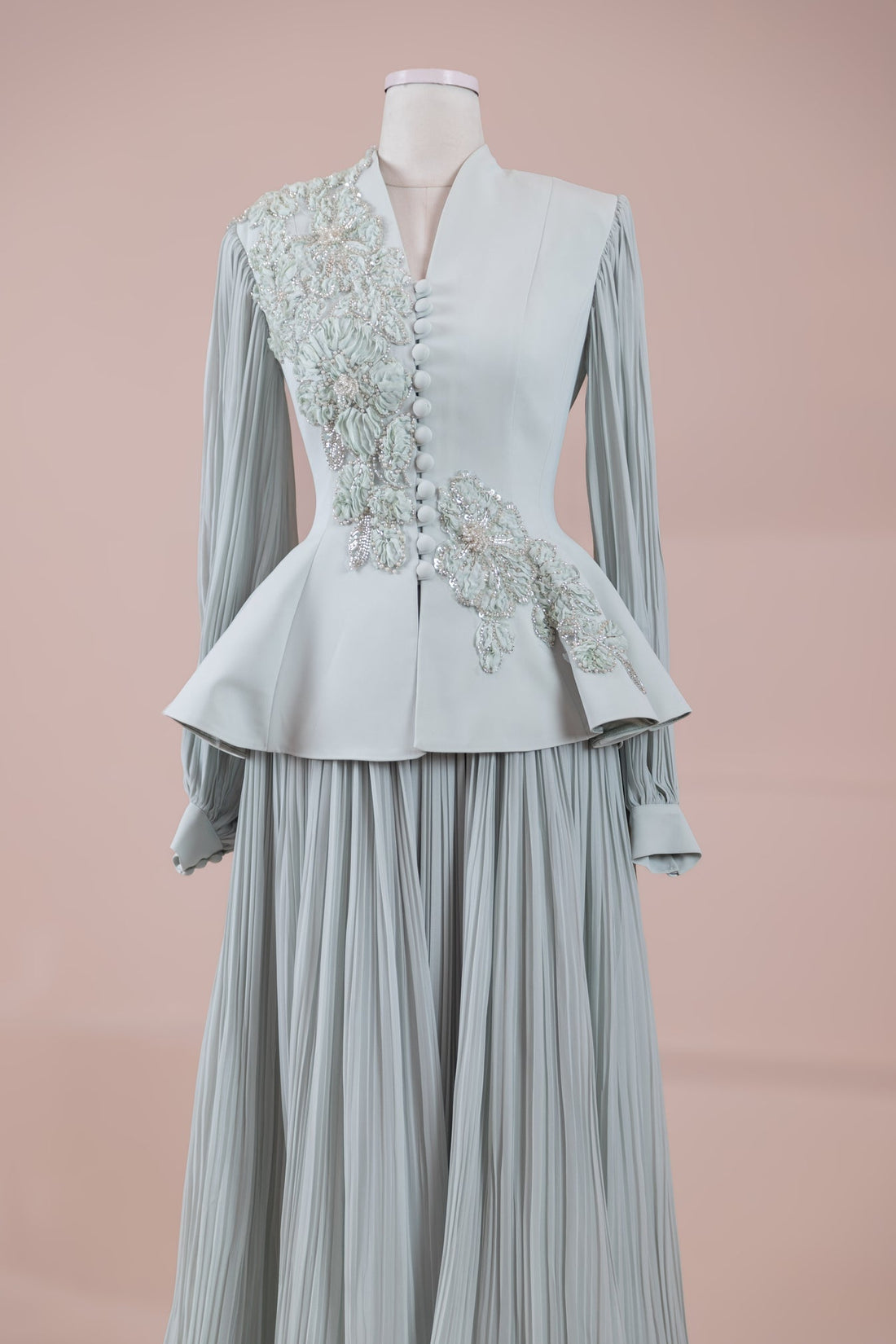 Limited Collection Peplum Jacket & Pleated Maxi Skirt Set – 3D Floral Embroidered Evening Ensemble