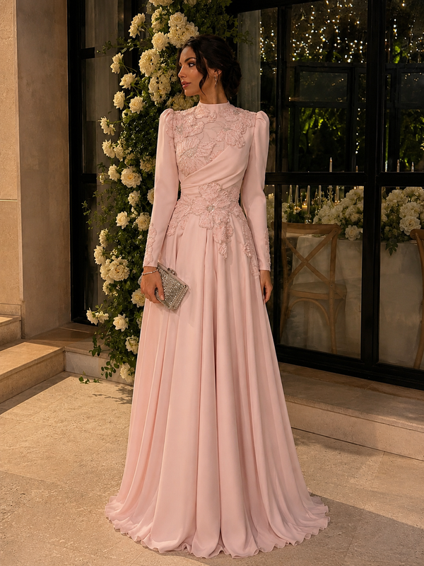 Amber Floral Embellished Modest Evening Dress - Pink