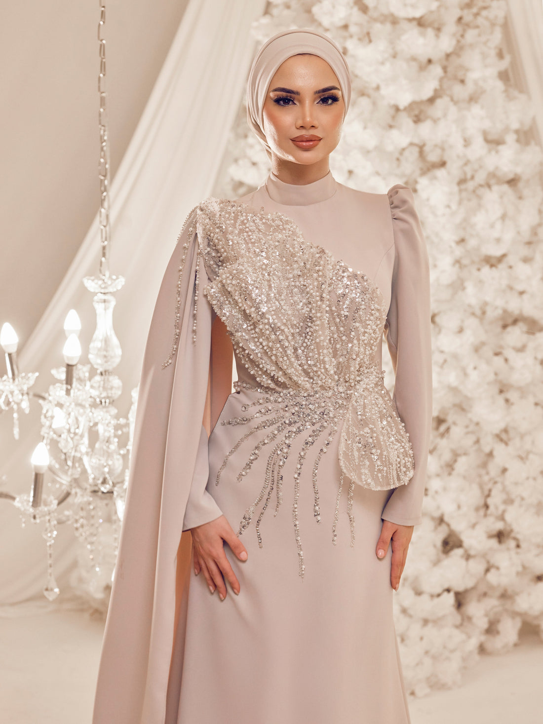 Latifa Beaded Crepe Modest Evening Gown - Beige