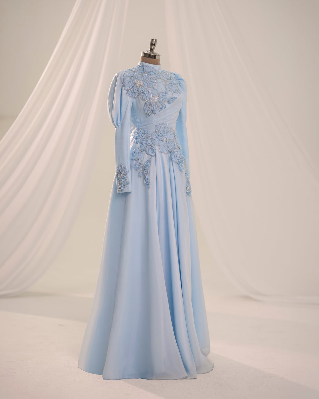 Floral Embellished Modest Evening Dress - Baby Blue
