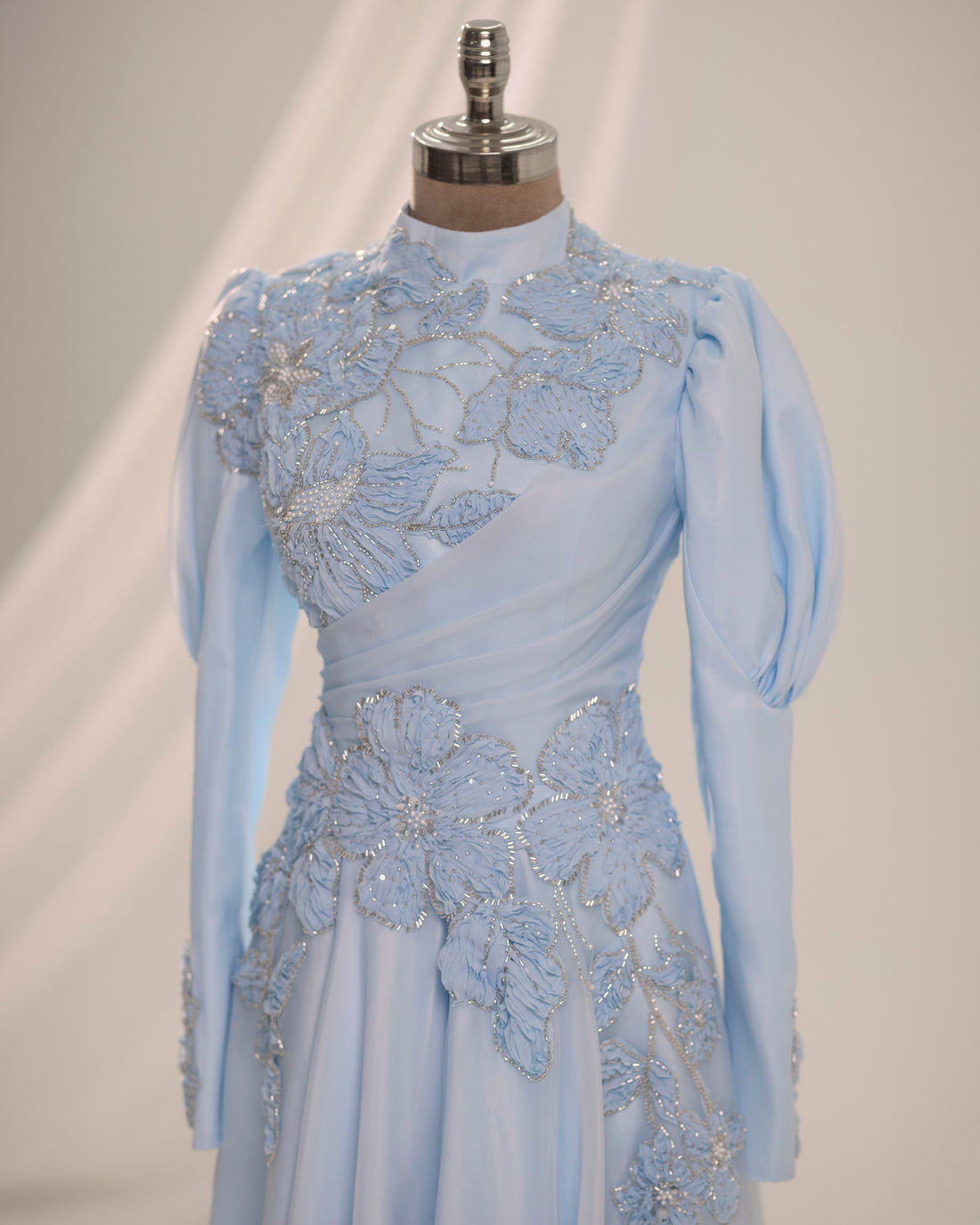 Floral Embellished Modest Evening Dress - Baby Blue