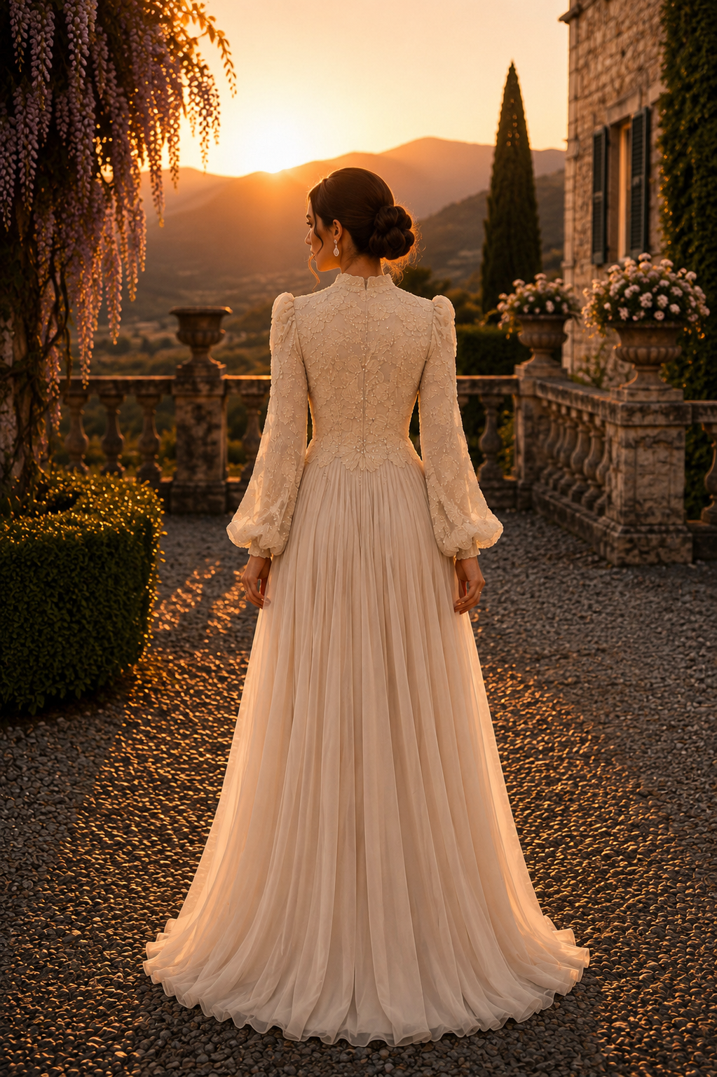 Arwen Embroidered Balloon Sleeve Gown - Beige