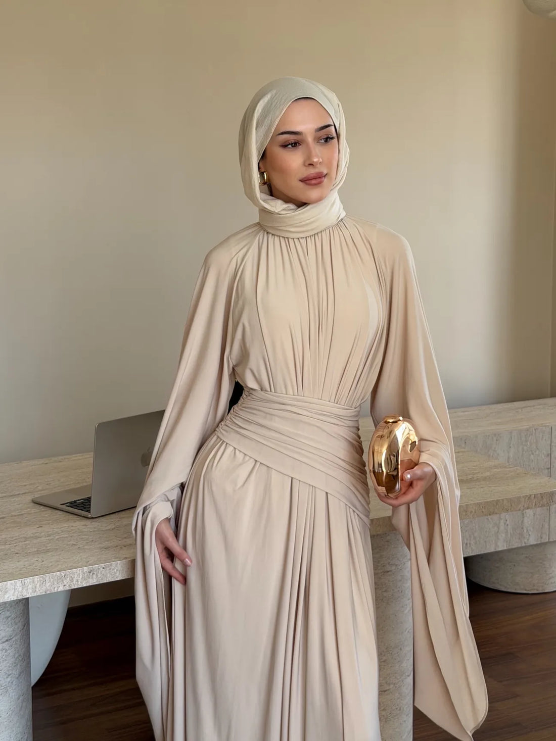 Ophelia Asymmetric Draped Evening Dress - Beige