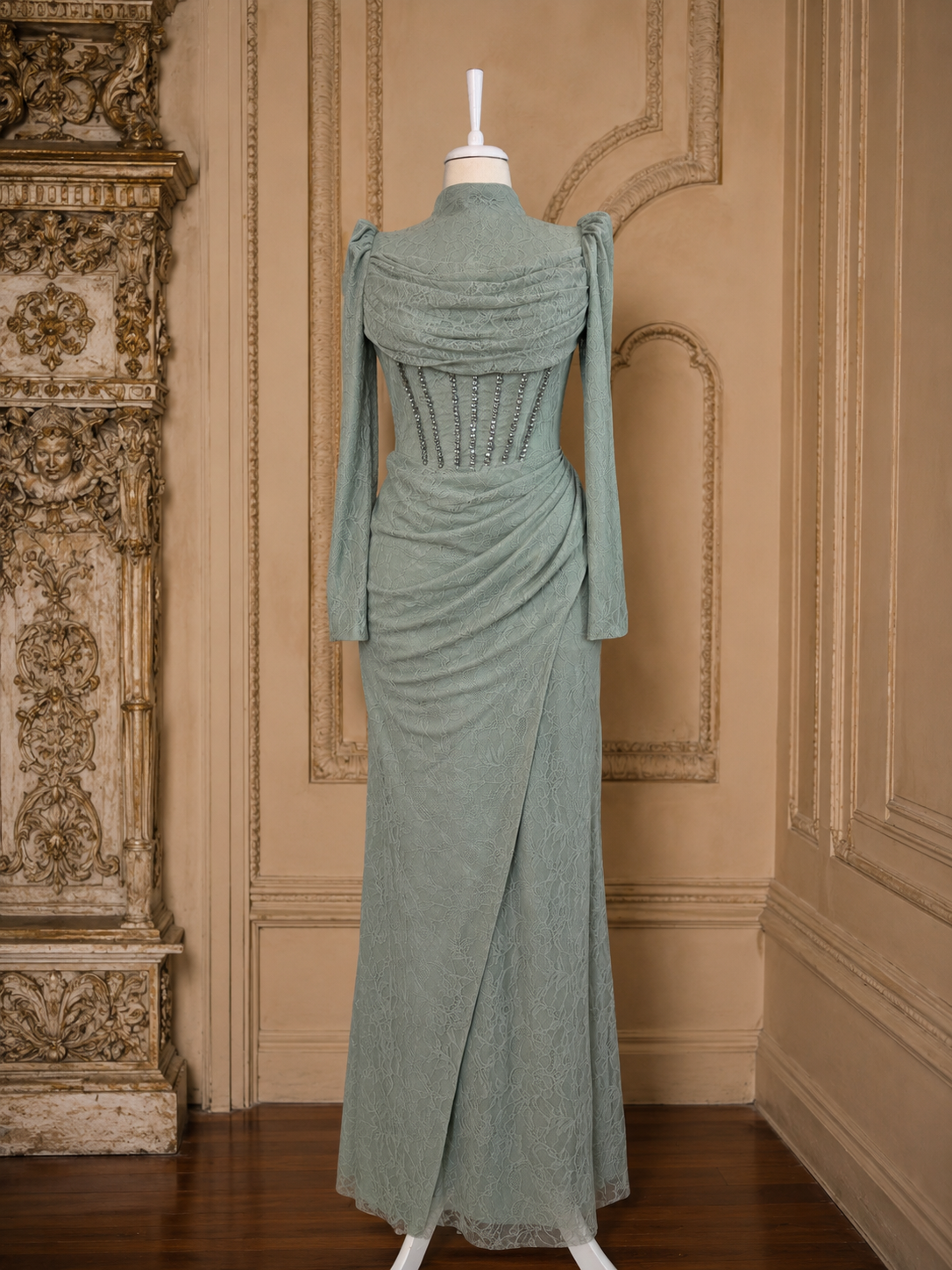 Rosalia Corset-Detail Lace Evening Gown | Mint Green