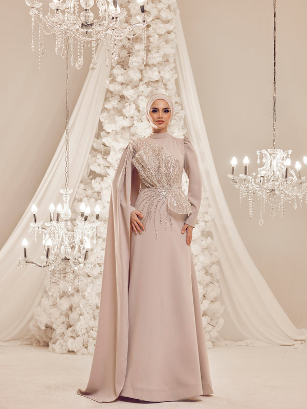 Latifa Beaded Crepe Modest Evening Gown - Beige