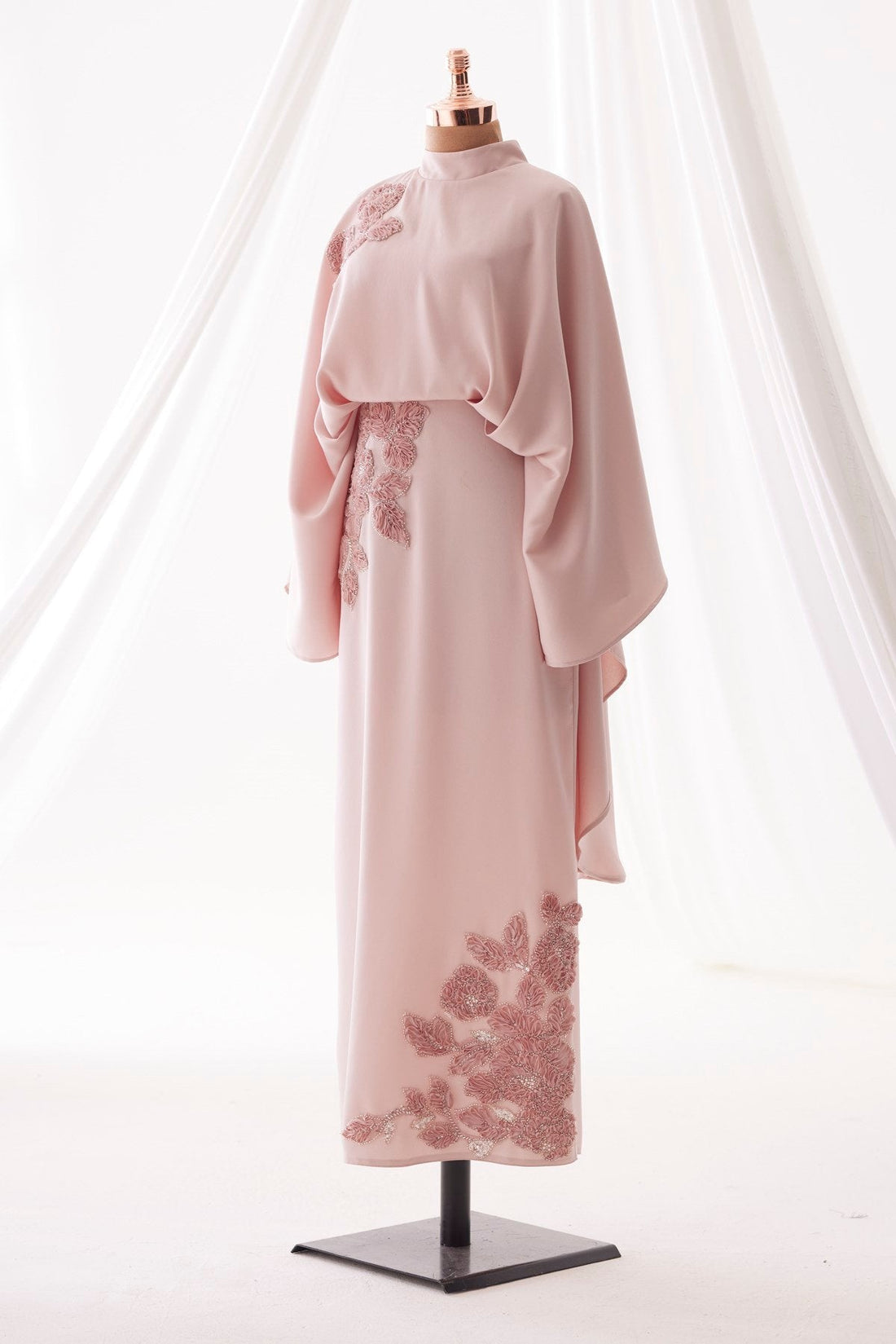 Soraya Stone-Embellished Modest Satin Cape Pencil Dress - Evening Dress - Poudra