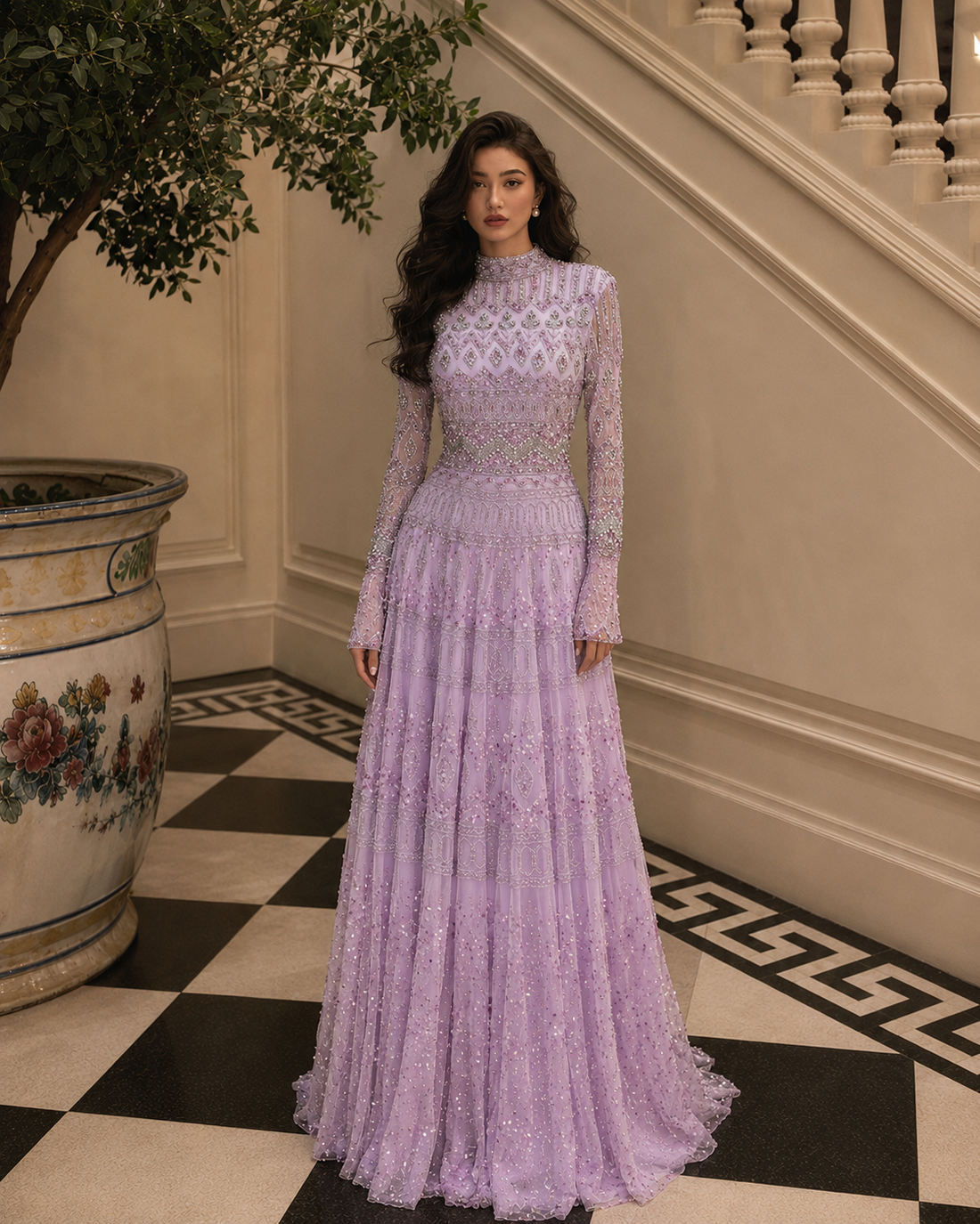 Couture Rania Full Embroidered Modest Evening Dress - Lavender