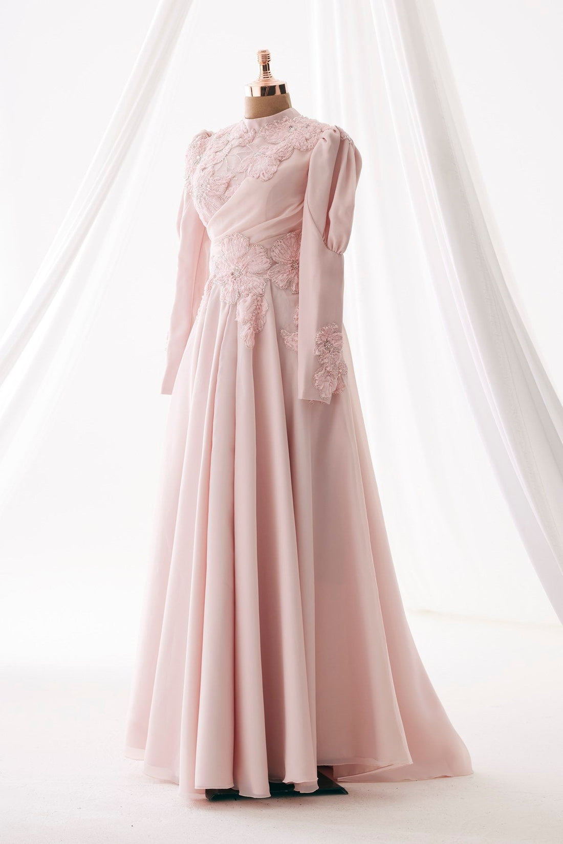 Amber Floral Embellished Modest Evening Dress - Pink