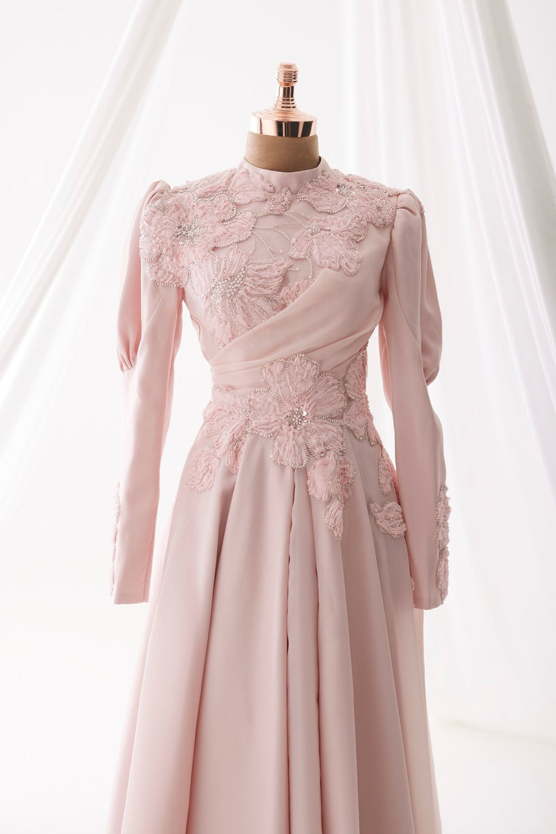 Amber Floral Embellished Modest Evening Dress - Pink