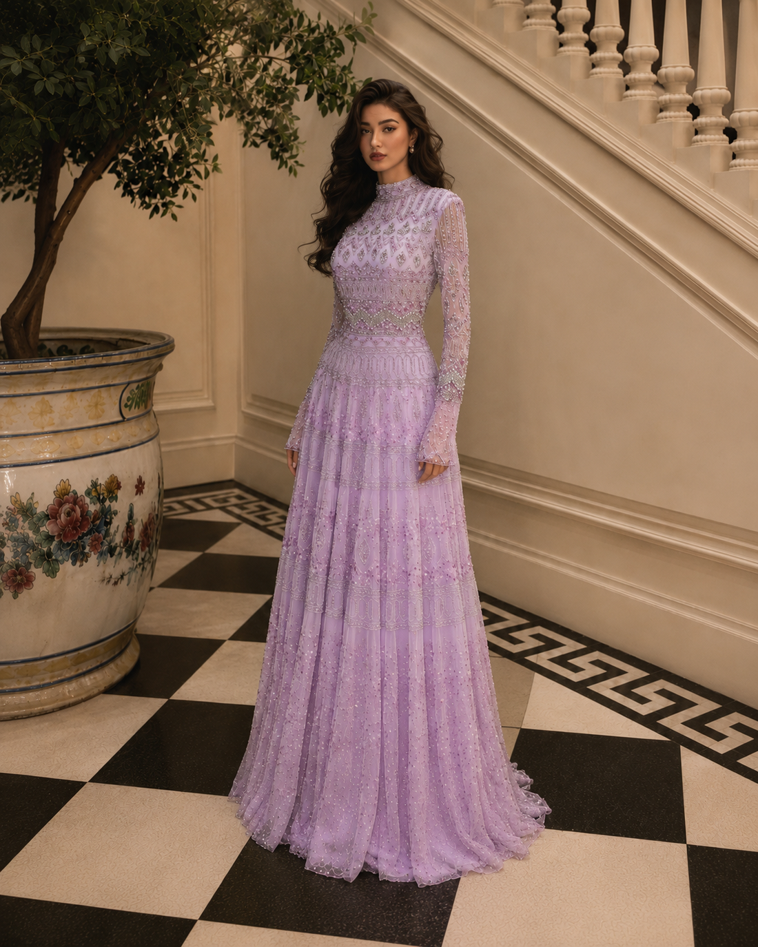 Couture Rania Full Embroidered Modest Evening Dress - Lavender
