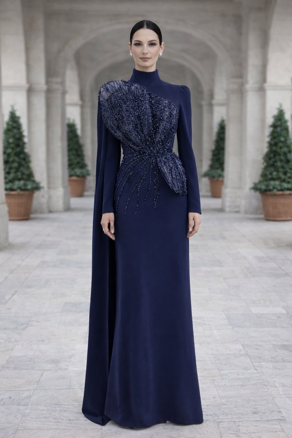 Latifa Beaded Crepe Modest Evening Gown - Navy Blue
