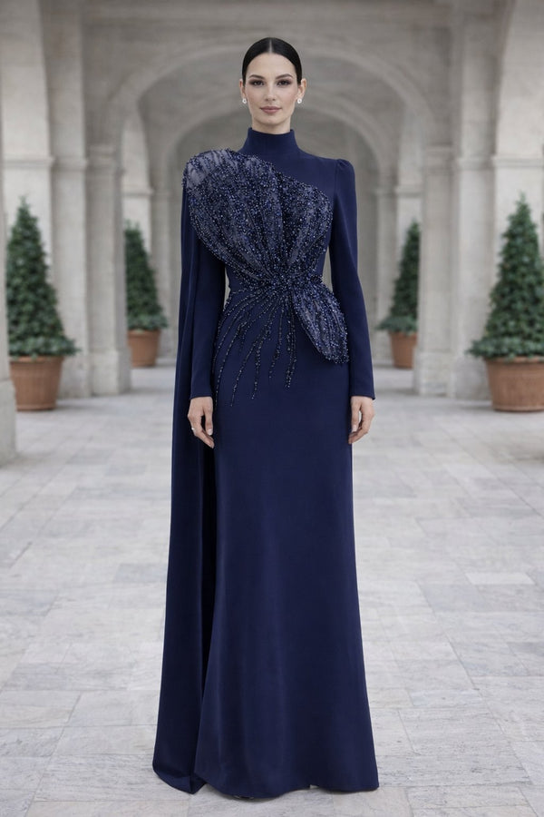 Latifa Beaded Crepe Modest Evening Gown - Navy Blue