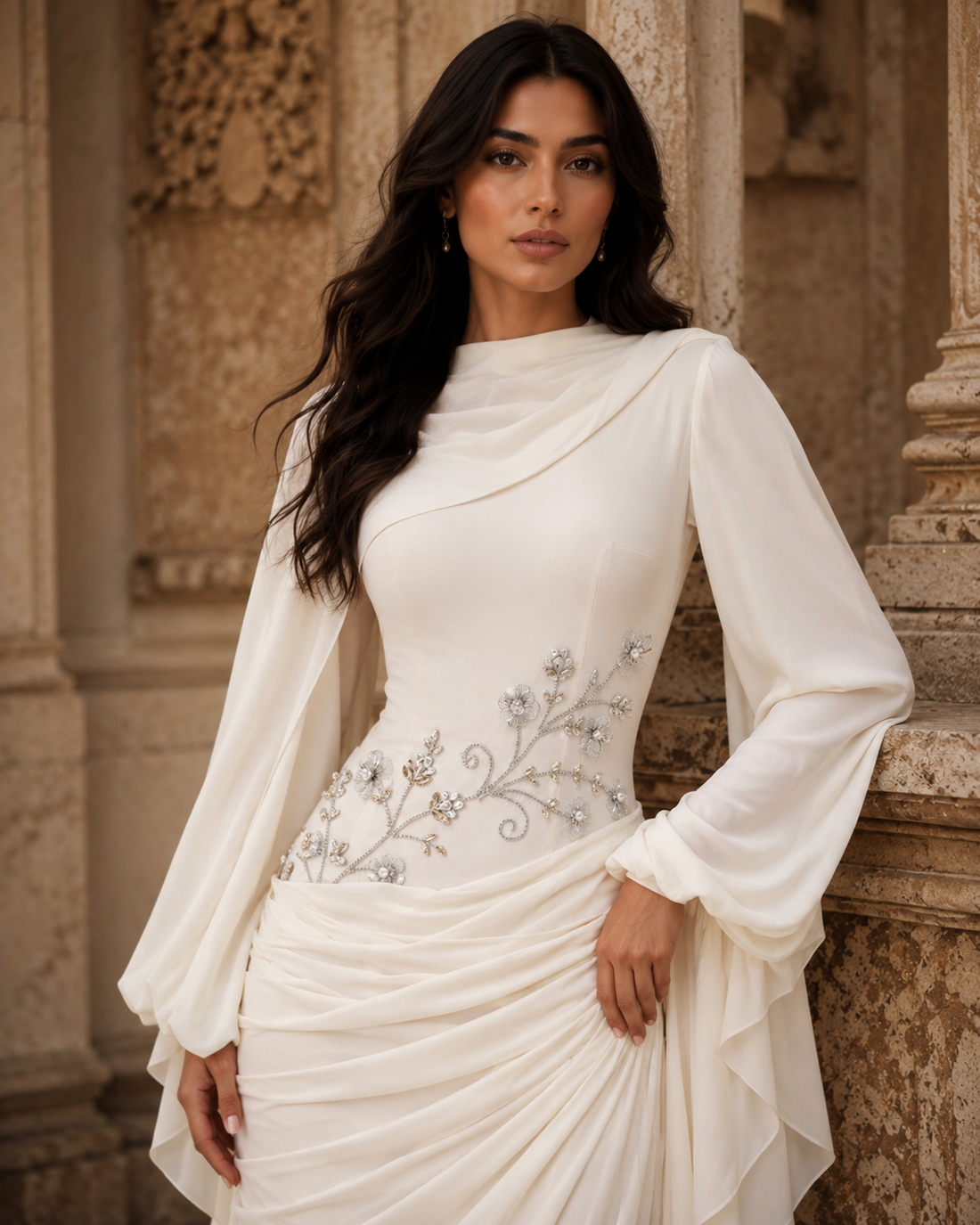 Tulip Modest Evening Dress - Embroidered Shawl Crepe Gown - Cream White