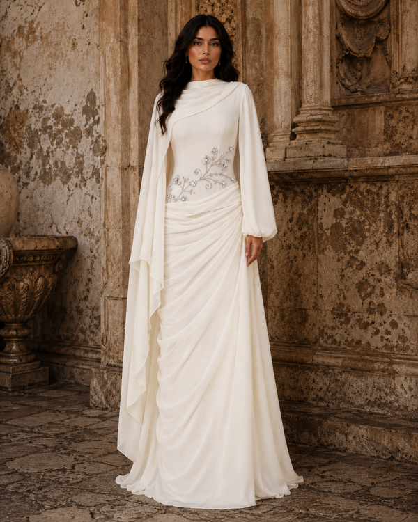 Tulip Modest Evening Dress - Embroidered Shawl Crepe Gown - Cream White
