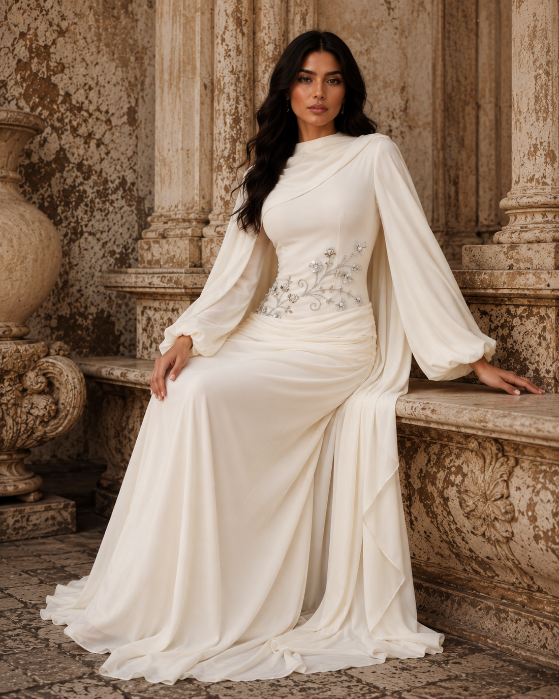 Tulip Modest Evening Dress - Embroidered Shawl Crepe Gown - Cream White