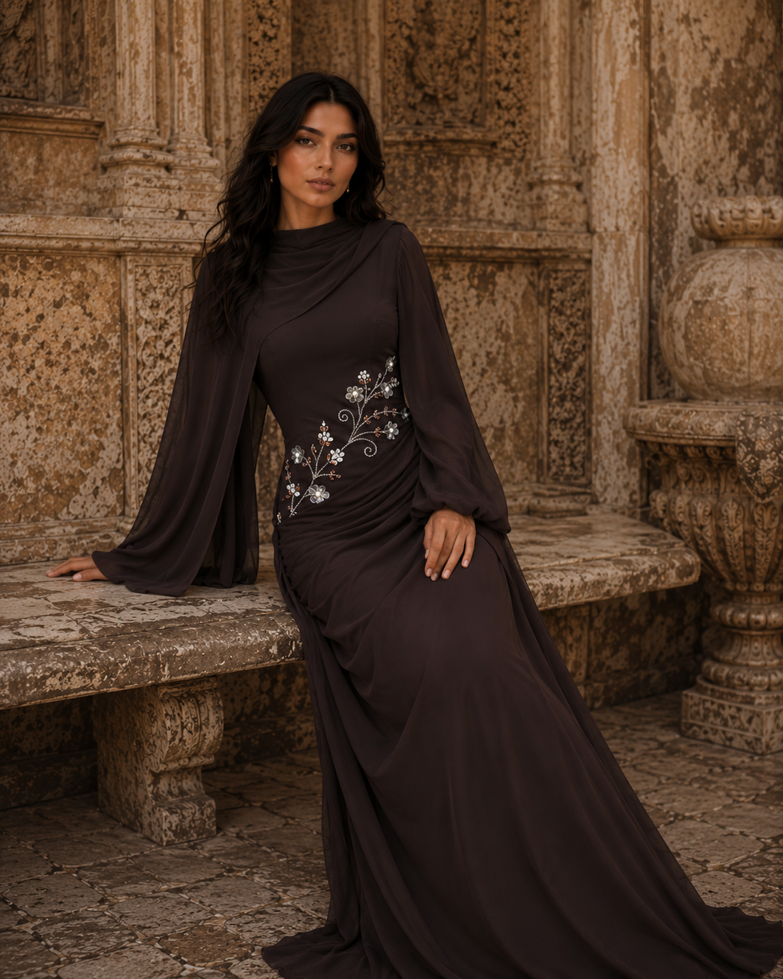 Tulip Modest Evening Dress - Embroidered Shawl Crepe Gown - Brown