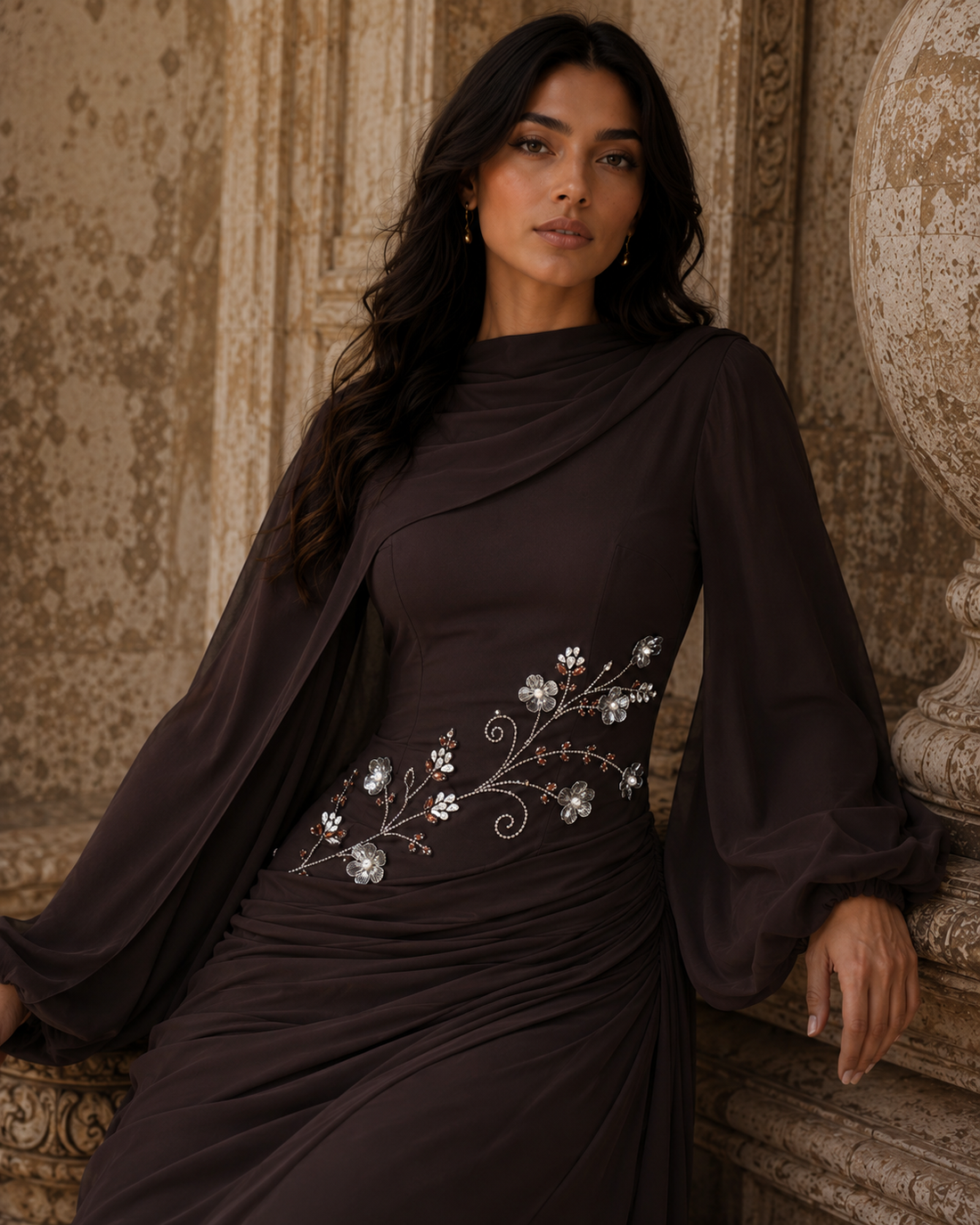 Tulip Modest Evening Dress - Embroidered Shawl Crepe Gown - Brown