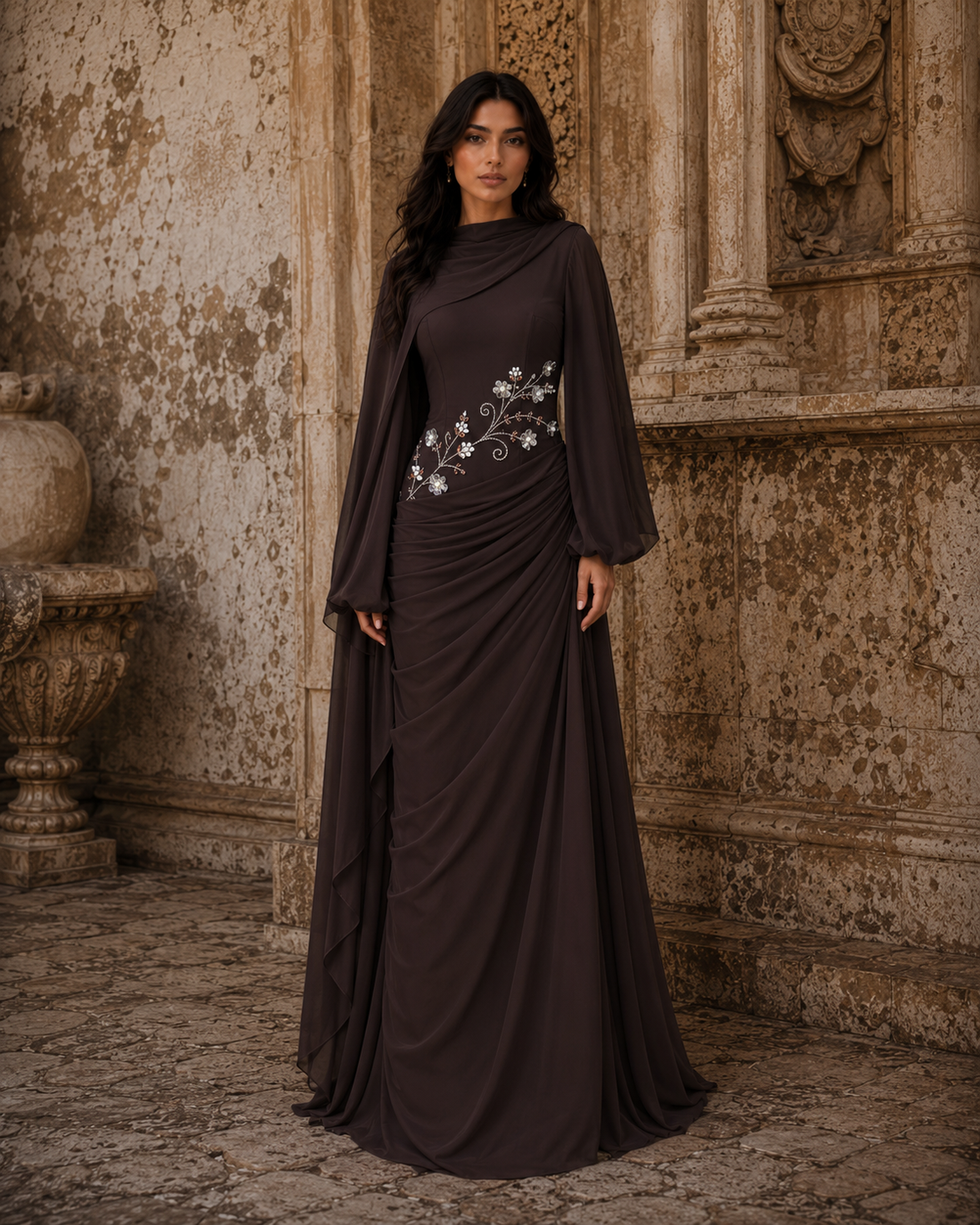 Tulip Modest Evening Dress - Embroidered Shawl Crepe Gown - Brown