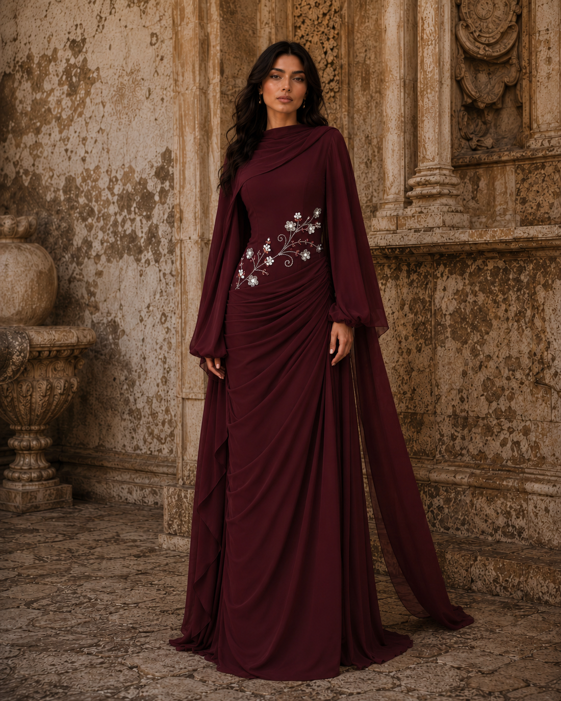 Tulip Modest Evening Dress - Embroidered Shawl Crepe Gown - Burgundy