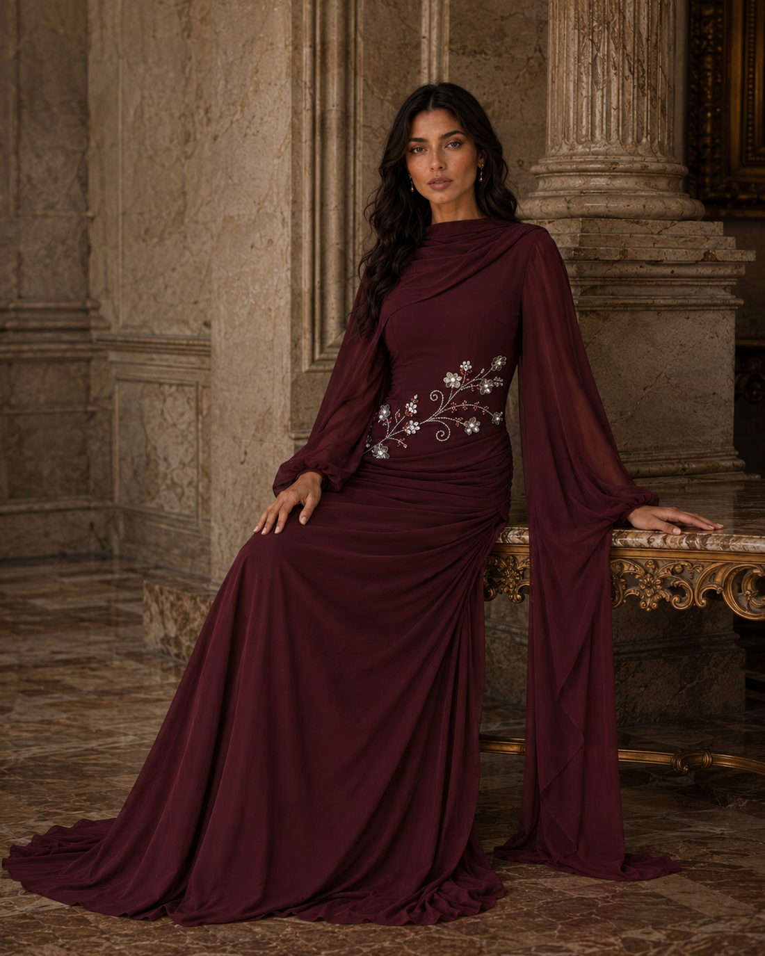 Tulip Modest Evening Dress - Embroidered Shawl Crepe Gown - Burgundy