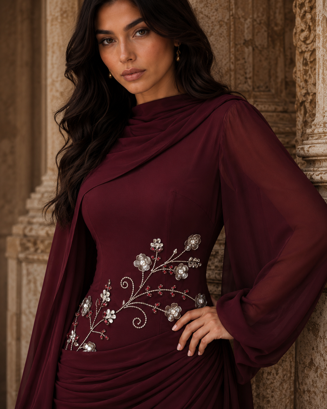 Tulip Modest Evening Dress - Embroidered Shawl Crepe Gown - Burgundy