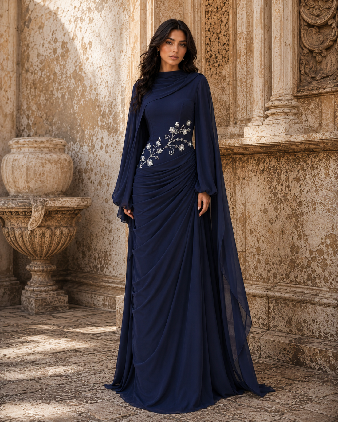 Tulip Modest Evening Dress - Embroidered Shawl Crepe Gown - Navy Blue