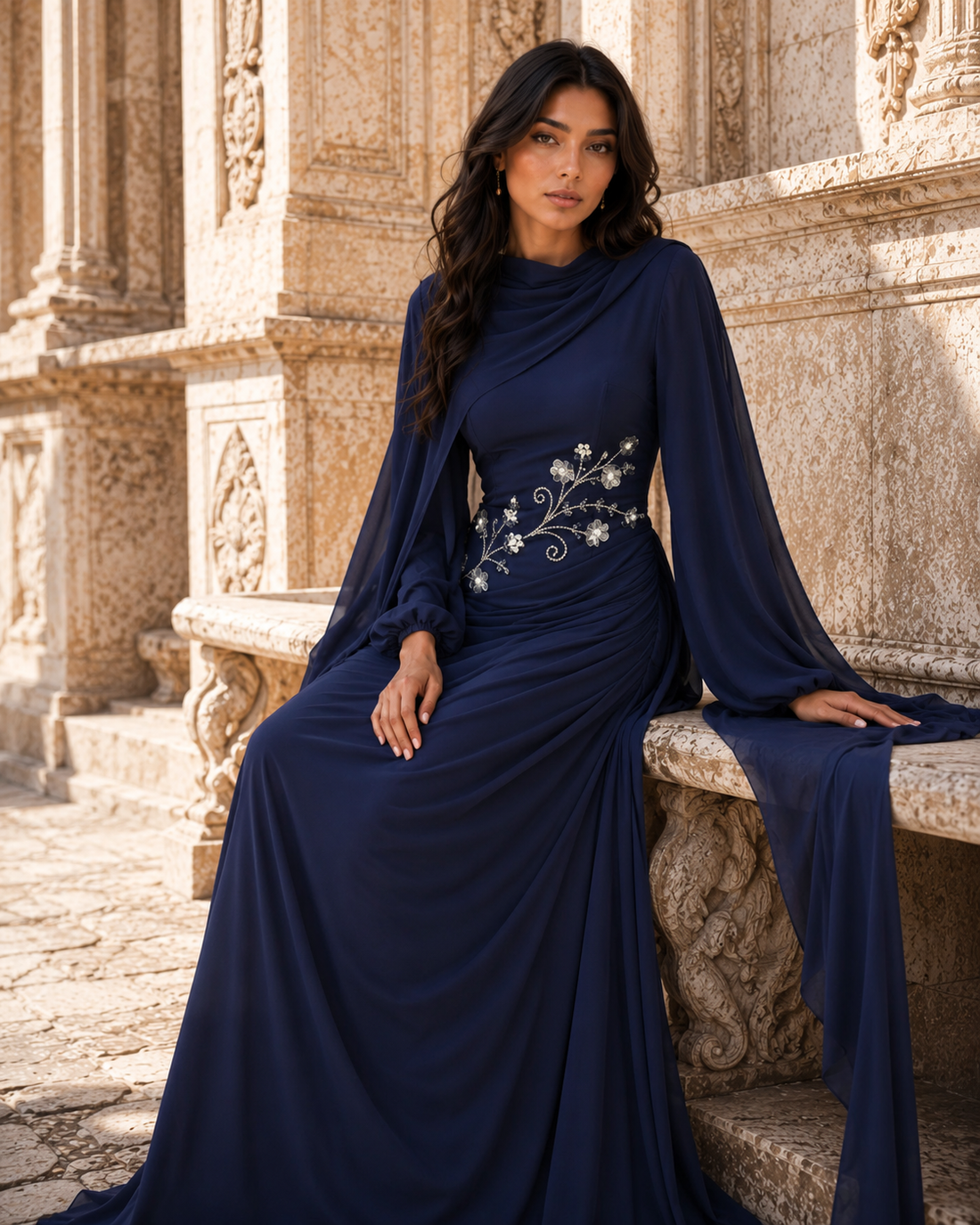Tulip Modest Evening Dress - Embroidered Shawl Crepe Gown - Navy Blue