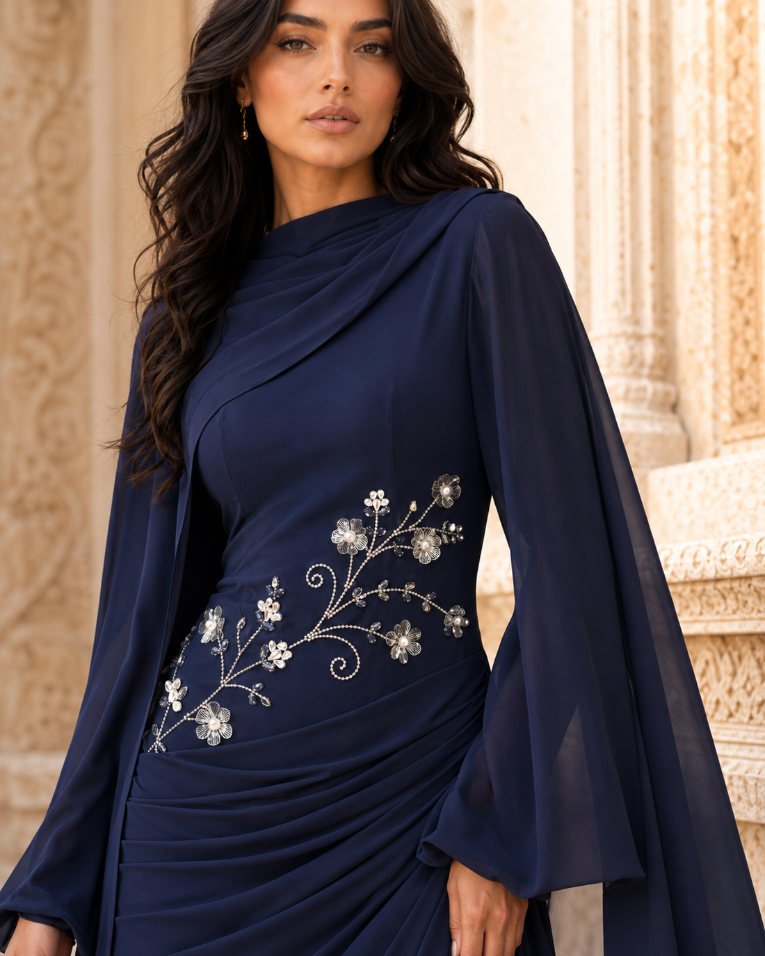 Tulip Modest Evening Dress - Embroidered Shawl Crepe Gown - Navy Blue