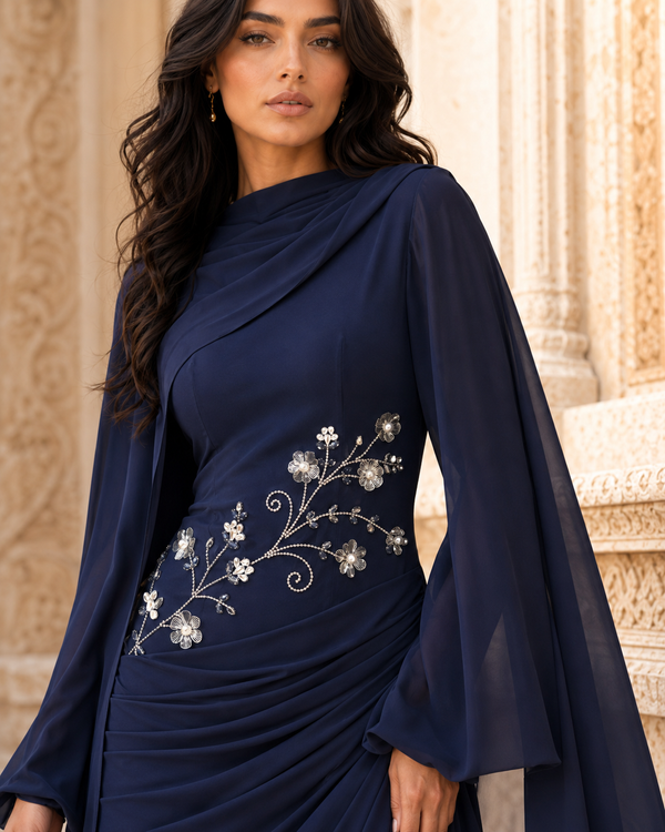 Tulip Modest Evening Dress - Embroidered Shawl Crepe Gown - Navy Blue