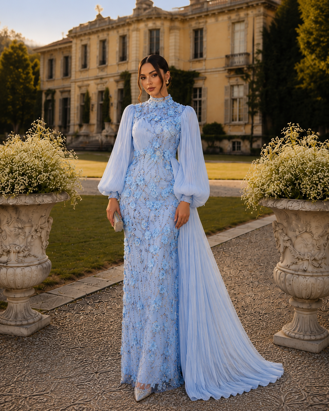 Roxanne Beaded Modest Evening Gown - Baby Blue