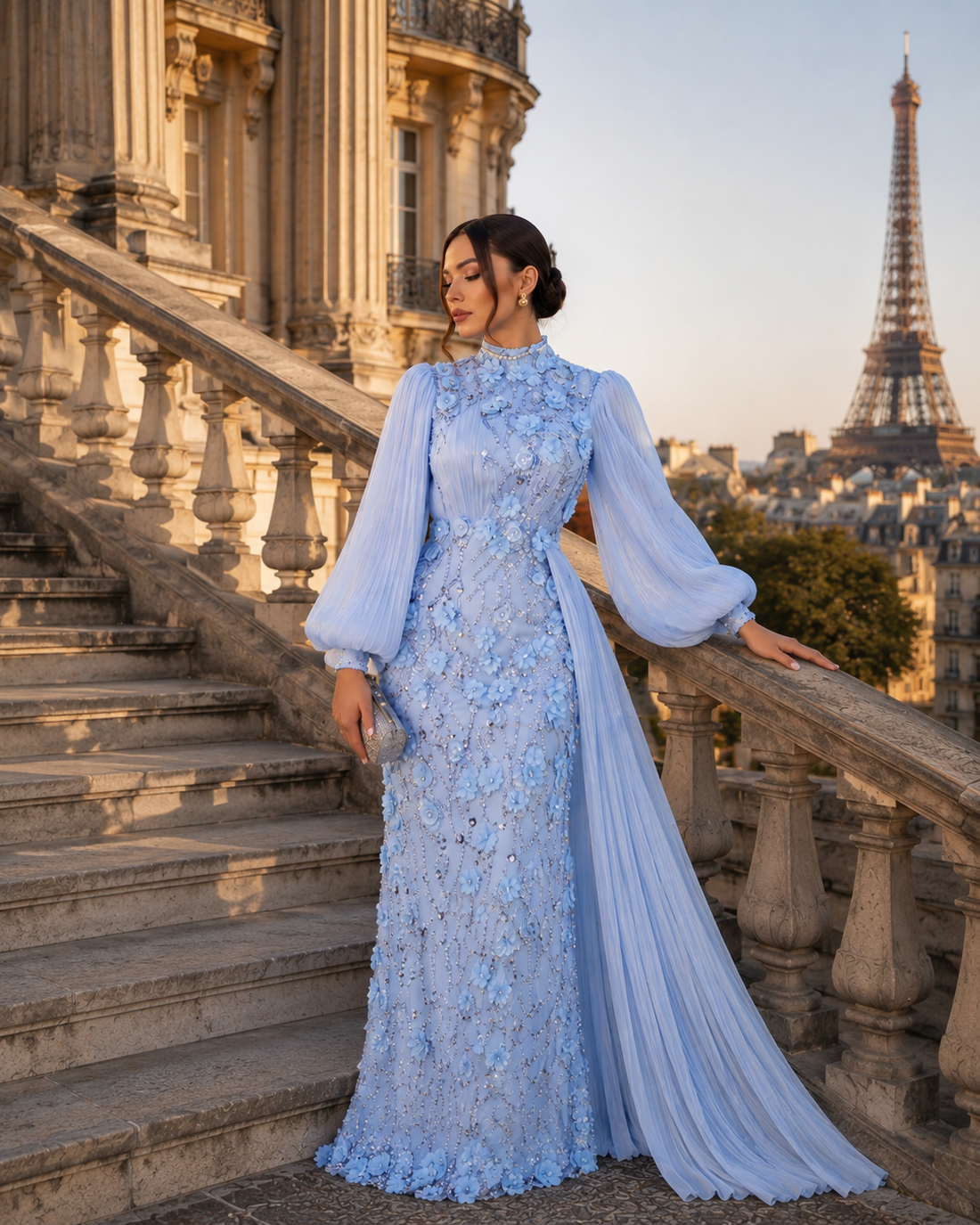 Roxanne Beaded Modest Evening Gown - Baby Blue